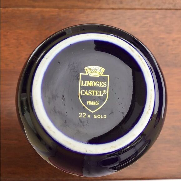Limoges Castel France Blue Small Vase 22k Gold Trim And Gold Print - Picture 2 of 10